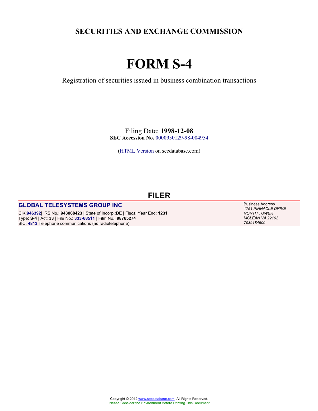 GLOBAL TELESYSTEMS GROUP INC (Form: S-4, Filing Date: 12/08/1998)