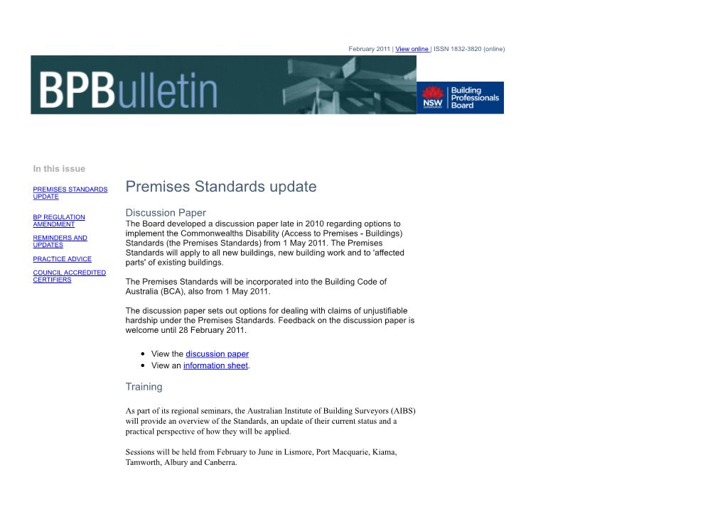 Premises Standards Update UPDATE