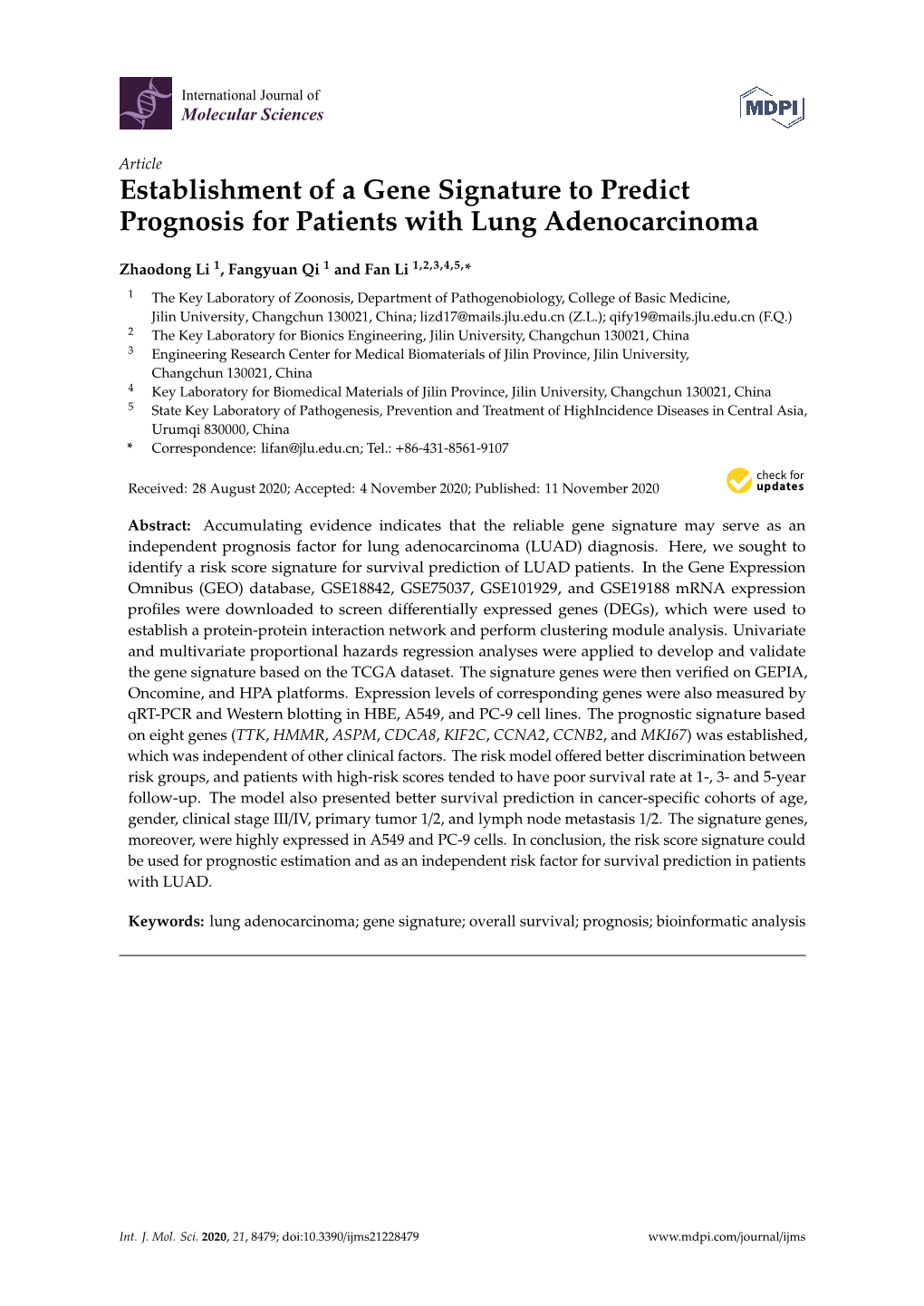 Establishment of a Gene Signature to Predict Prognosis for Patients with Lung Adenocarcinoma