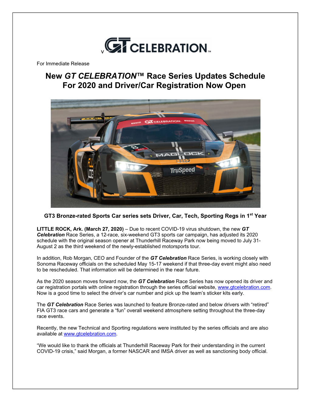 New GT CELEBRATION™ Race Series Updates Schedule for 2020 and Driver/Car Registration Now Open