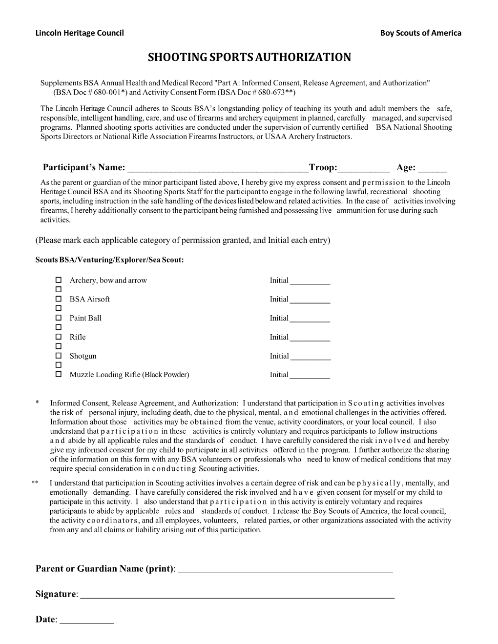 Shooting Sports Authorization Form