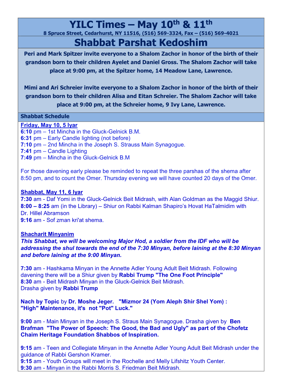 YILC Times – May 10Th & 11Th Shabbat Parshat Kedoshim