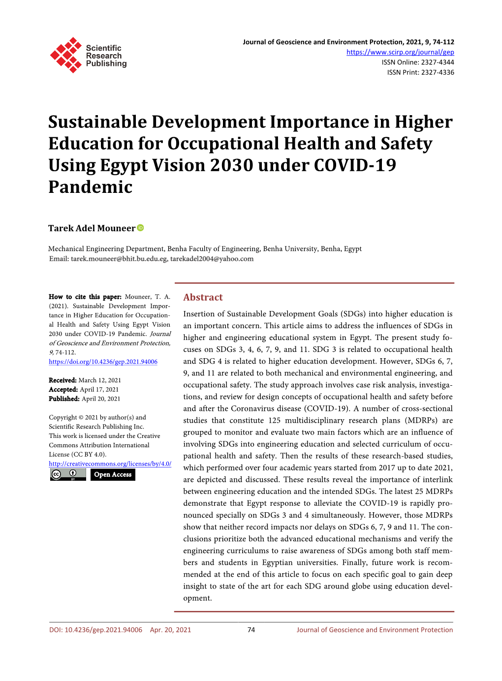 Sustainable Development Importance in Higher Education for Occupational Health and Safety Using Egypt Vision 2030 Under COVID-19 Pandemic