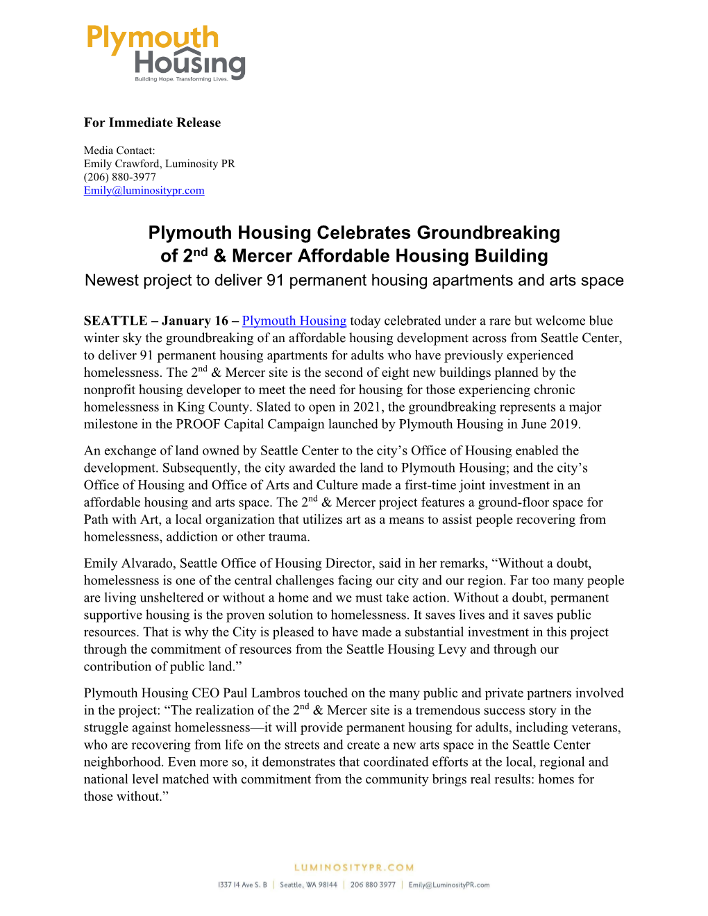 Plymouth Housing Celebrates Groundbreaking of 2Nd & Mercer Affordable Housing Building
