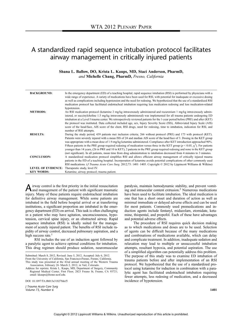 A Standardized Rapid Sequence Intubation Protocol Facilitates Airway Management in Critically Injured Patients