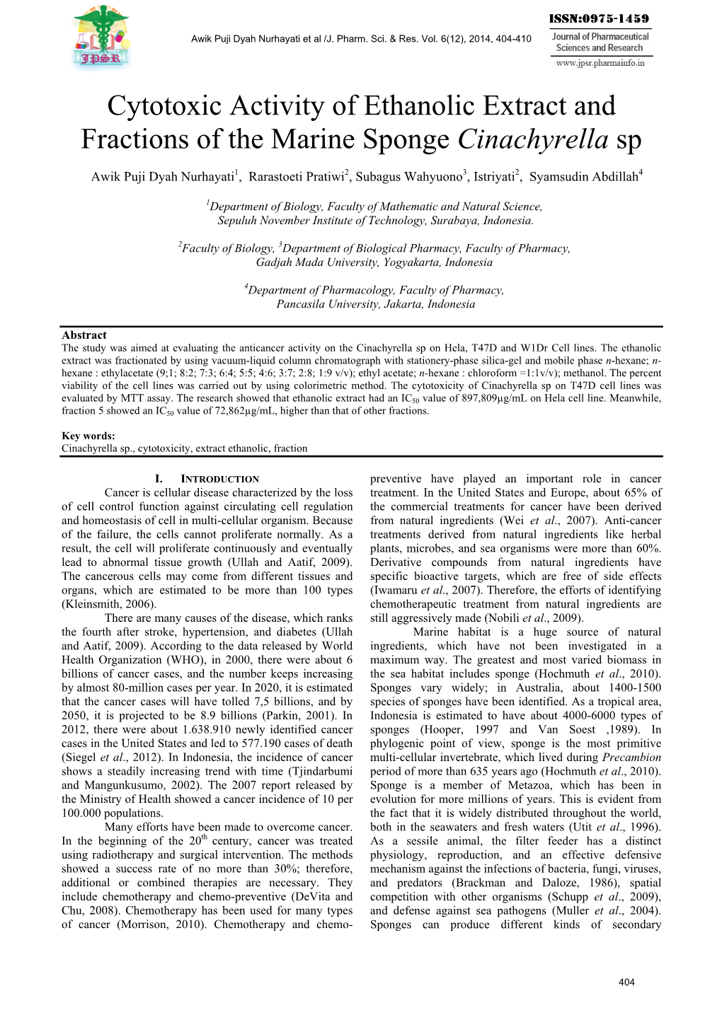 Cytotoxic Activity of Ethanolic Extract and Fractions of the Marine Sponge Cinachyrella Sp
