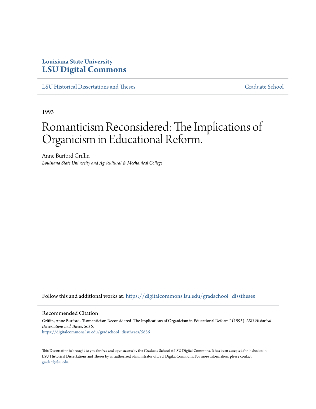 Romanticism Reconsidered: the Mplici Ations of Organicism in Educational Reform