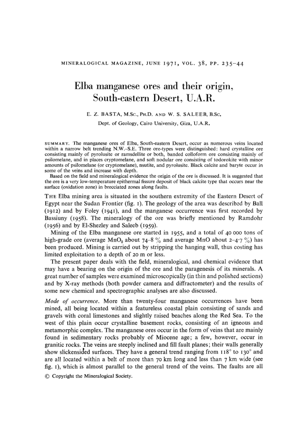 Elba Manganese Ores and Their Origin, South-Eastern Desert, U.A.R
