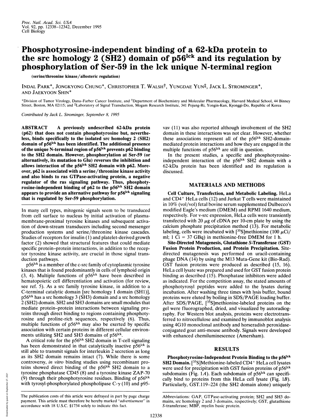 Phosphotyrosine-Independent Binding Ofa 62-Kda Protein To