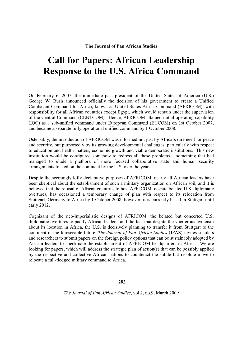 Call for Papers: African Leadership Response to the U.S. Africa Command