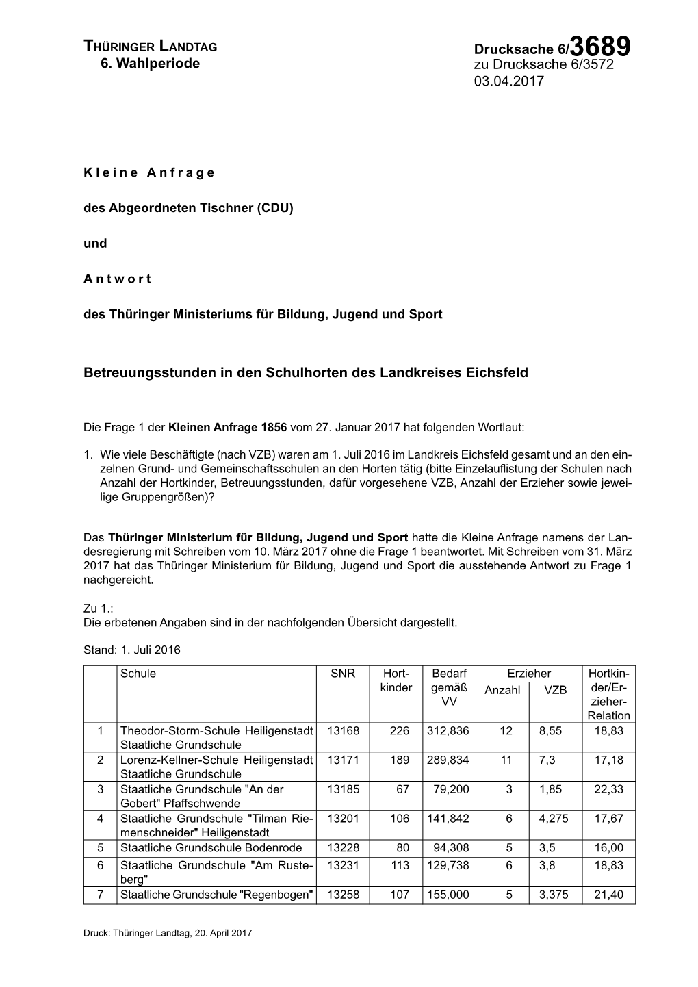 Antwort Auf Die Kleine Anfrage 1856 Des Abgeordneten Tischner