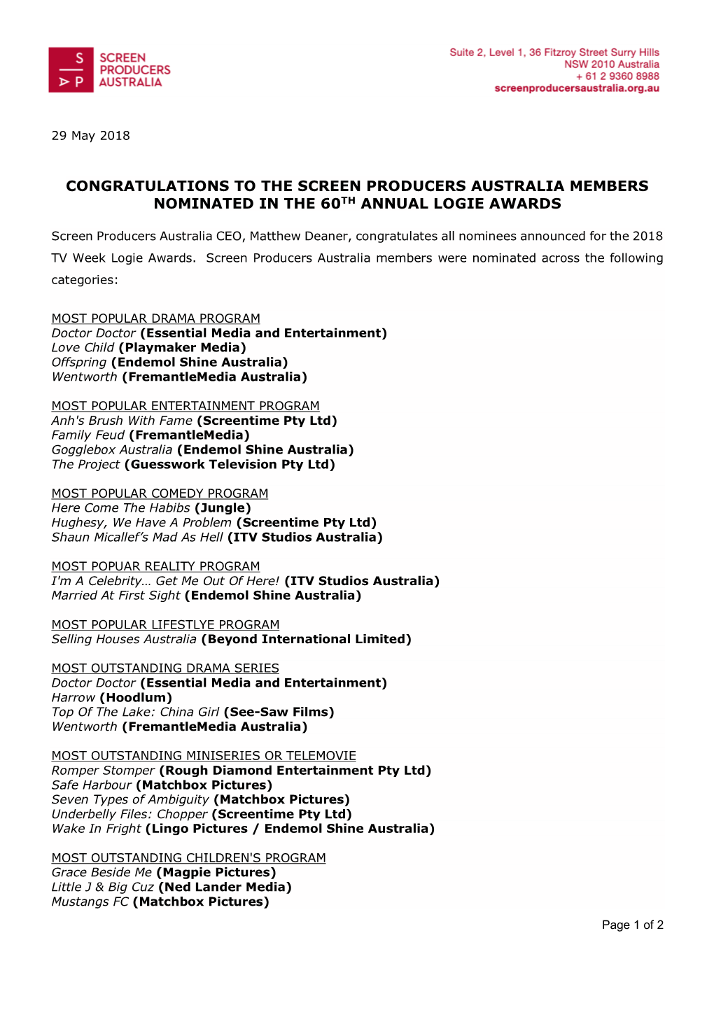 Congratulations to the Screen Producers Australia Members Nominated in the 60Th Annual Logie Awards