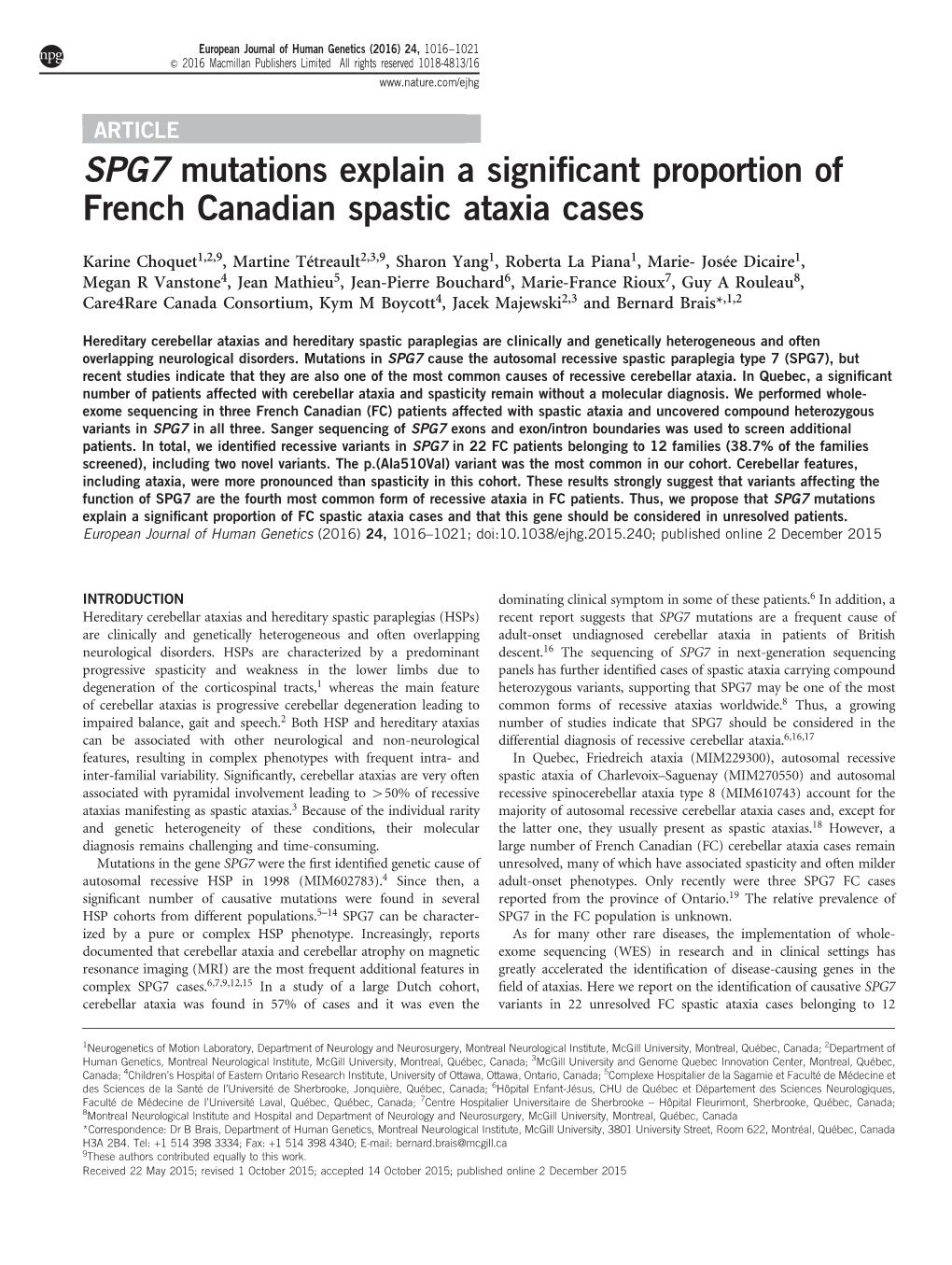 SPG7 Mutations Explain a Significant Proportion of French Canadian Spastic Ataxia Cases