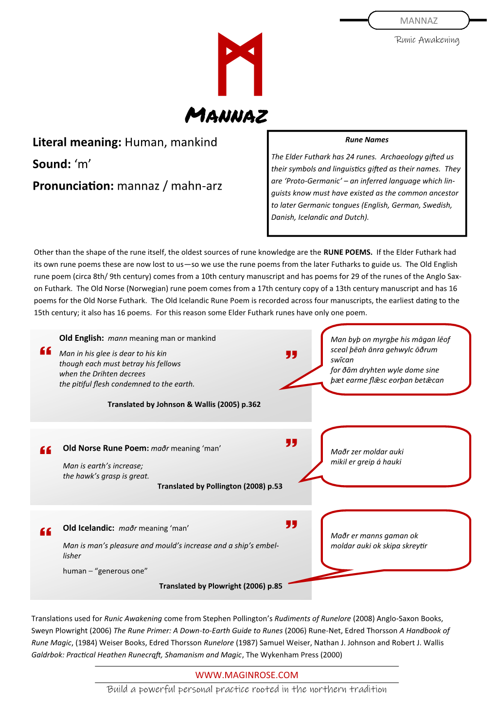 MANNAZ M Runic Awakening Mannaz Literal Meaning: Human, Mankind Rune Names the Elder Futhark Has 24 Runes