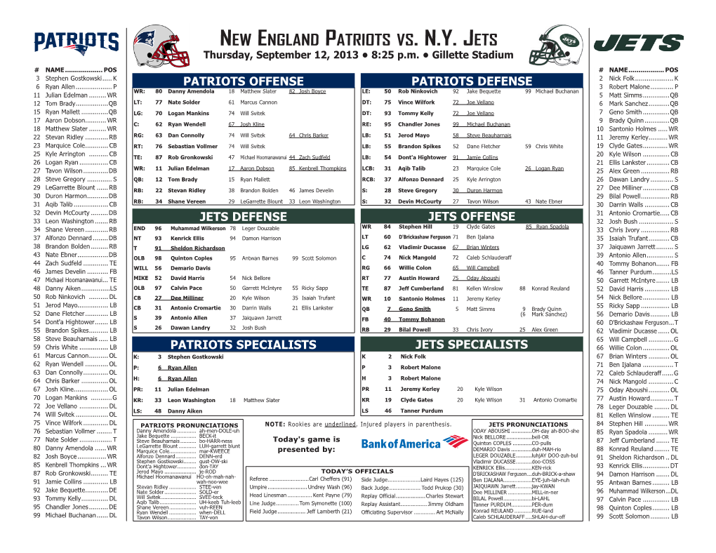 New England Patriots Vs. N.Y. Jets Thursday, September 12, 2013 • 8:25 P.M