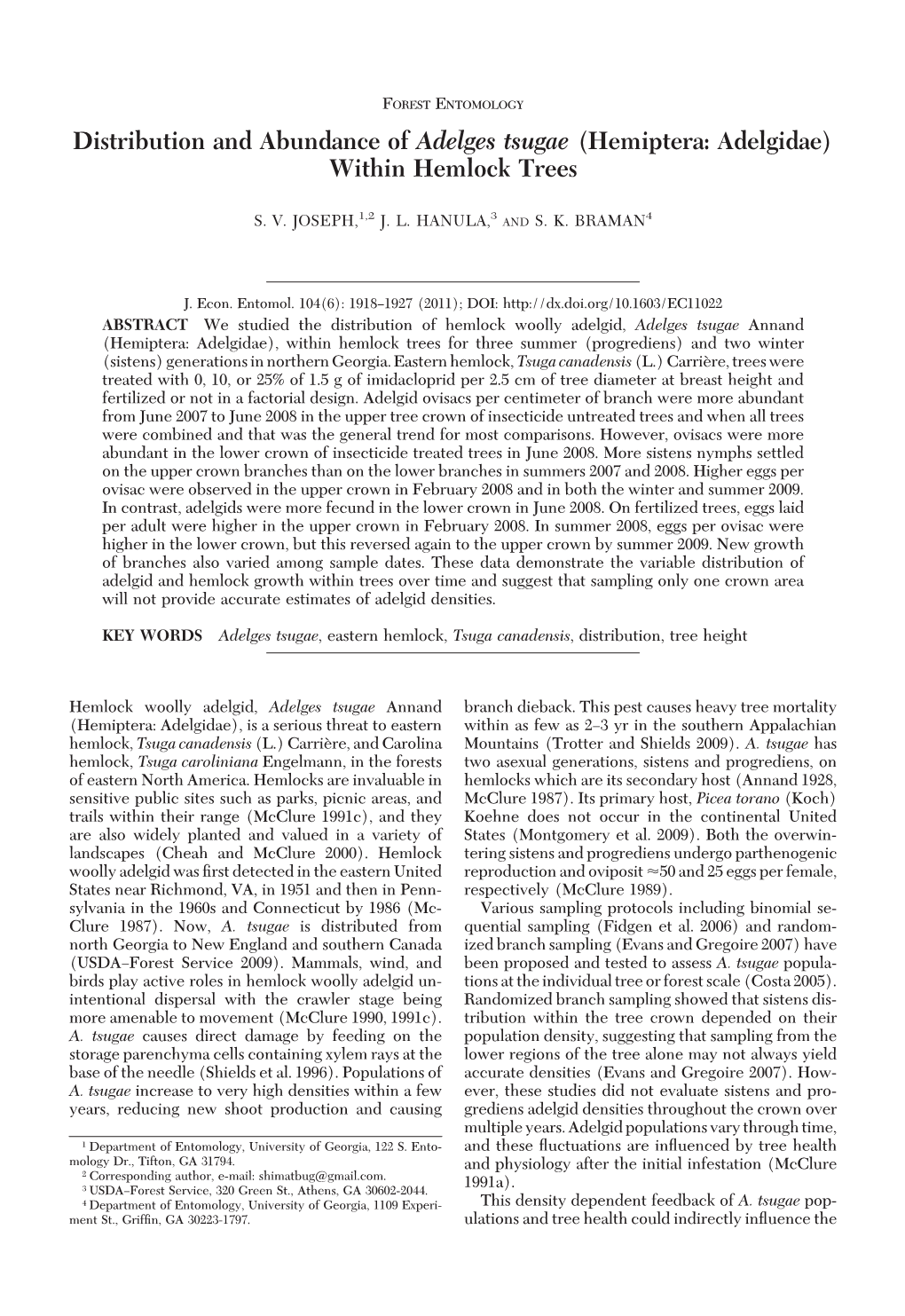 Distribution and Abundance of Adelges Tsugae (Hemiptera: Adelgidae) Within Hemlock Trees