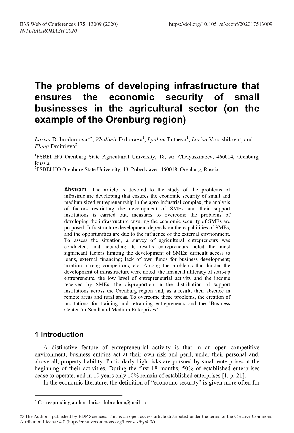 The Problems of Developing Infrastructure That Ensures the Economic Security of Small Businesses in the Agricultural Sector (On the Example of the Orenburg Region)