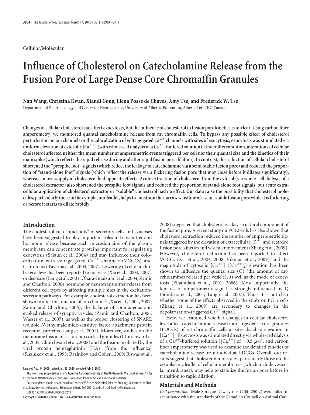 Influence of Cholesterol on Catecholamine Release from the Fusion Pore of Large Dense Core Chromaffin Granules