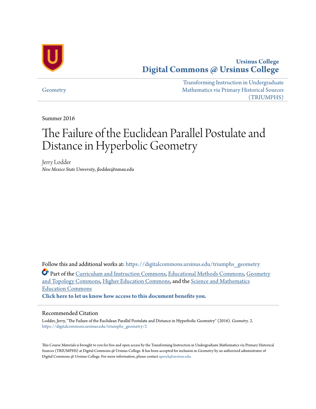 The Failure of the Euclidean Parallel Postulate and Distance in Hyperbolic Geometry