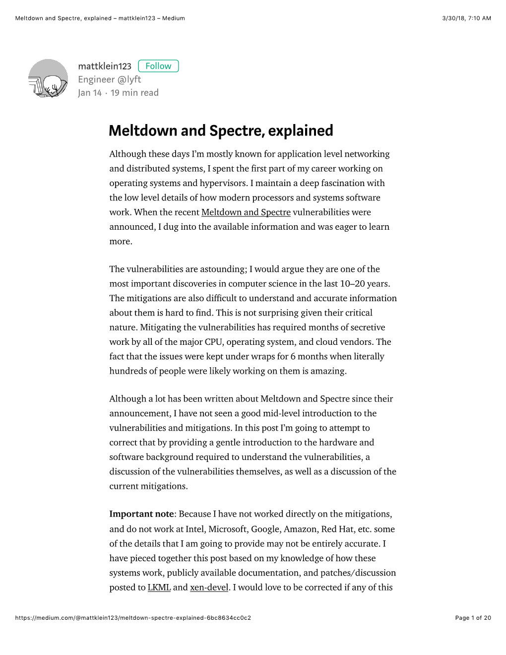 Meltdown and Spectre, Explained – Mattklein123 – Medium 3/30/18, 7�10 AM