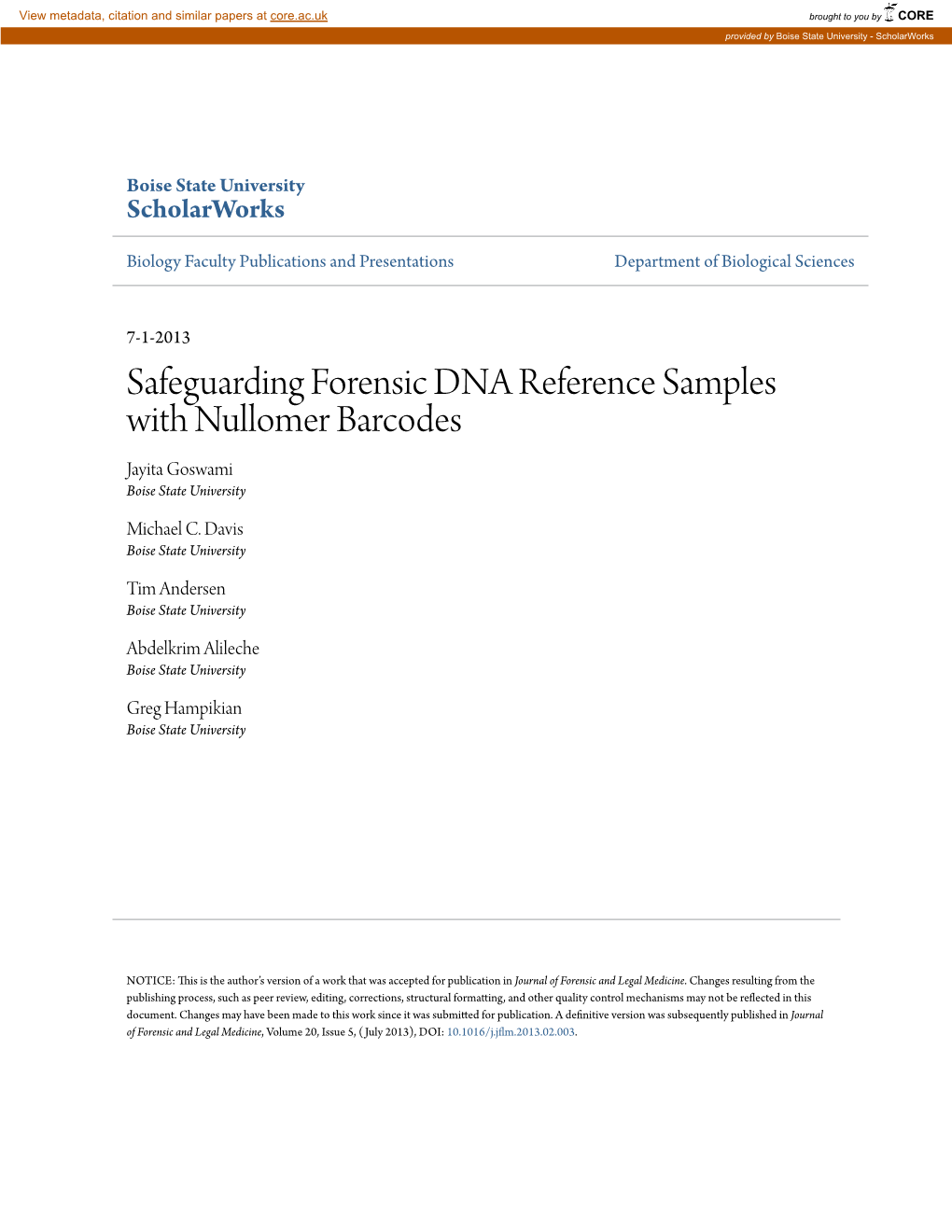 Safeguarding Forensic DNA Reference Samples with Nullomer Barcodes Jayita Goswami Boise State University