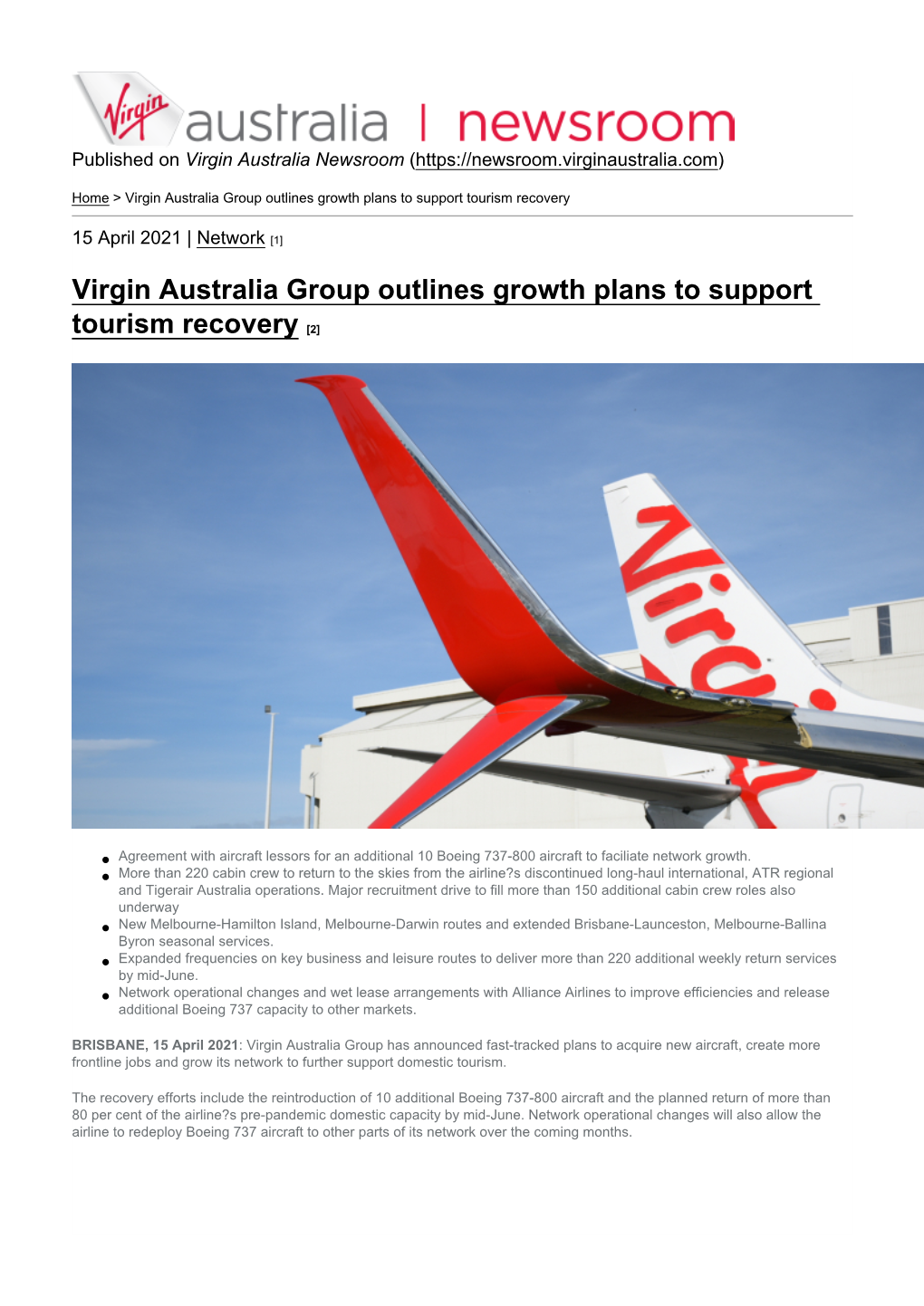 Virgin Australia Group Outlines Growth Plans to Support Tourism Recovery
