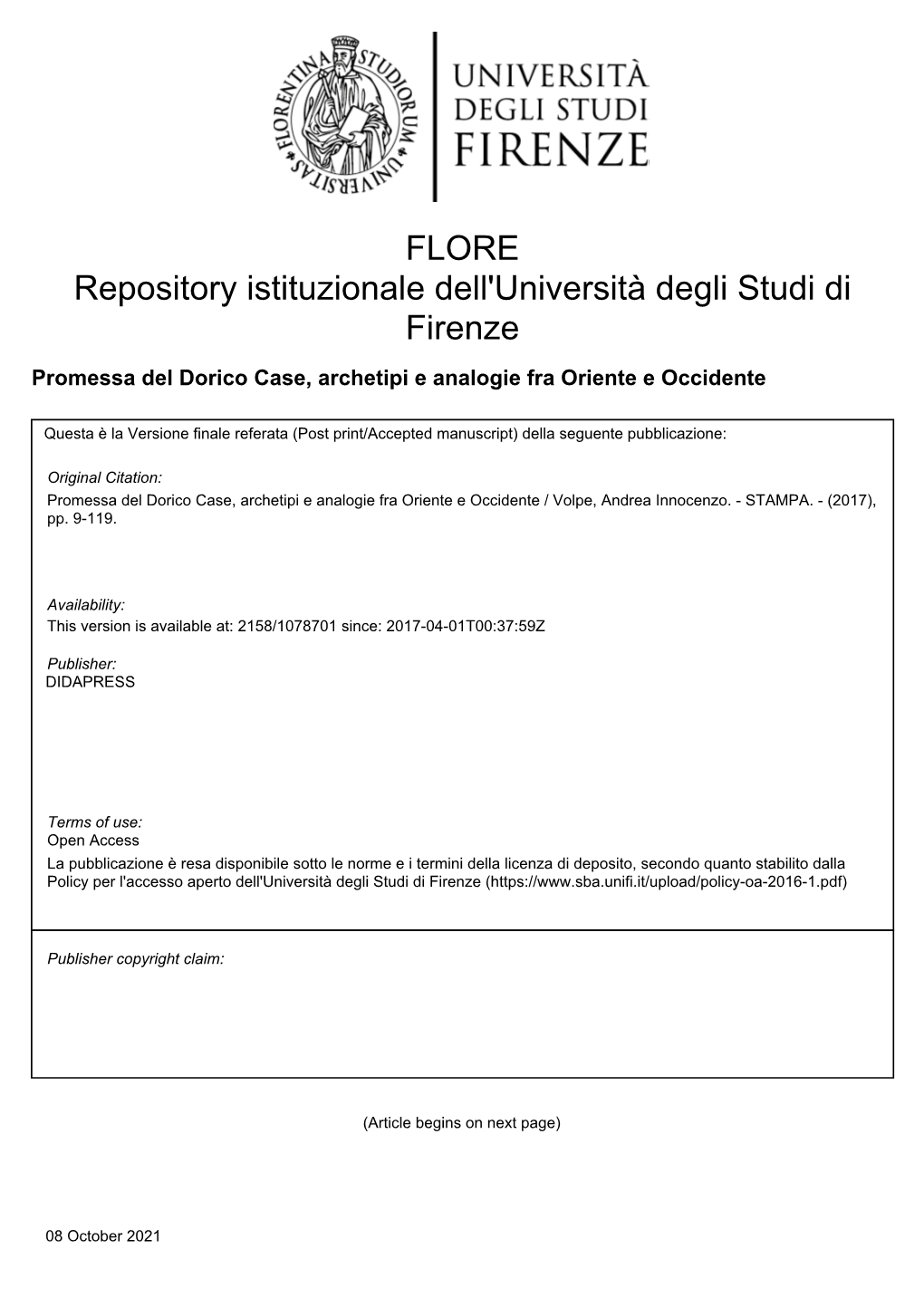 Promessa Del Dorico Case, Archetipi E Analogie Fra Oriente E Occidente