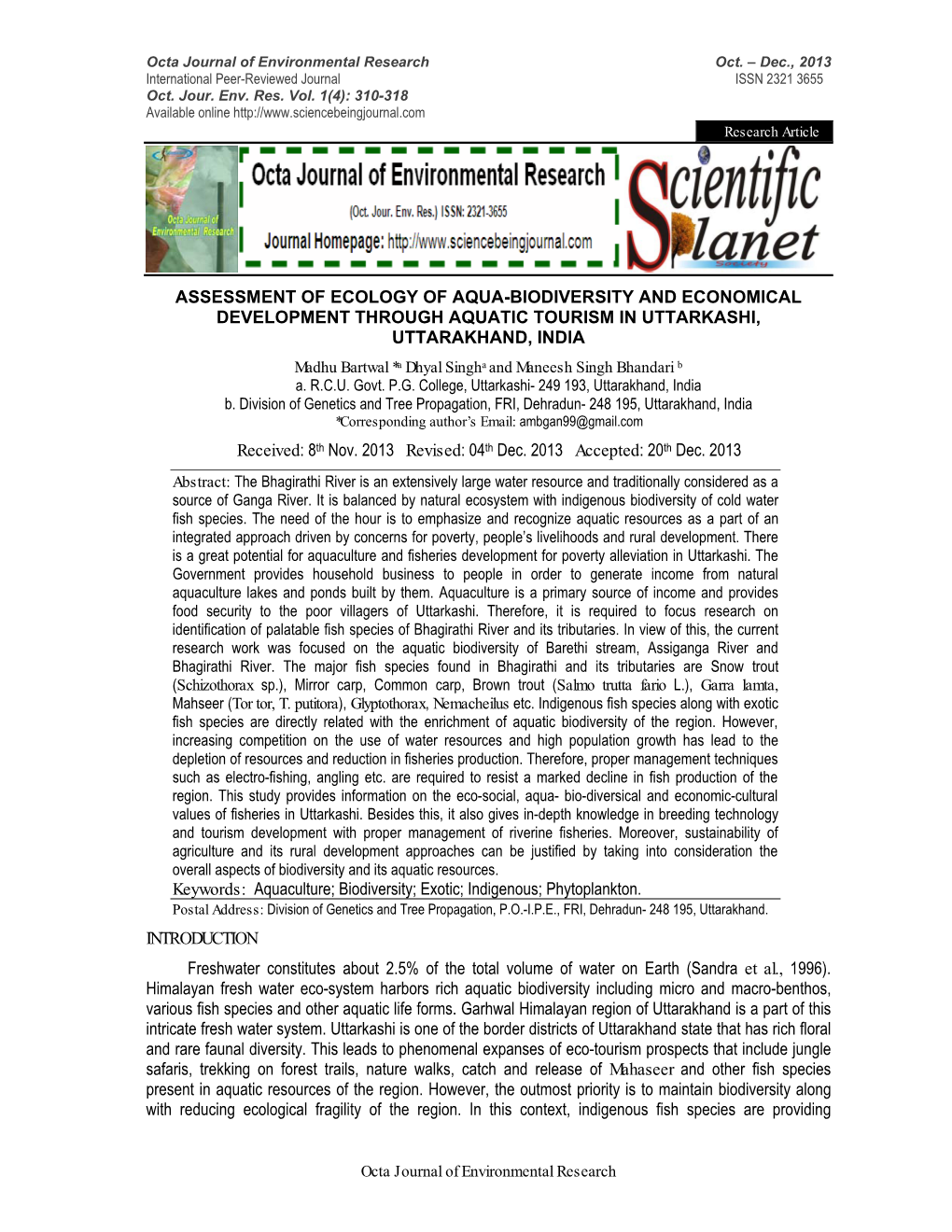 Assessment of Ecology of Aqua-Biodiversity and Economical Development Through Aquatic Tourism in Uttarkashi, Uttarakhand, India