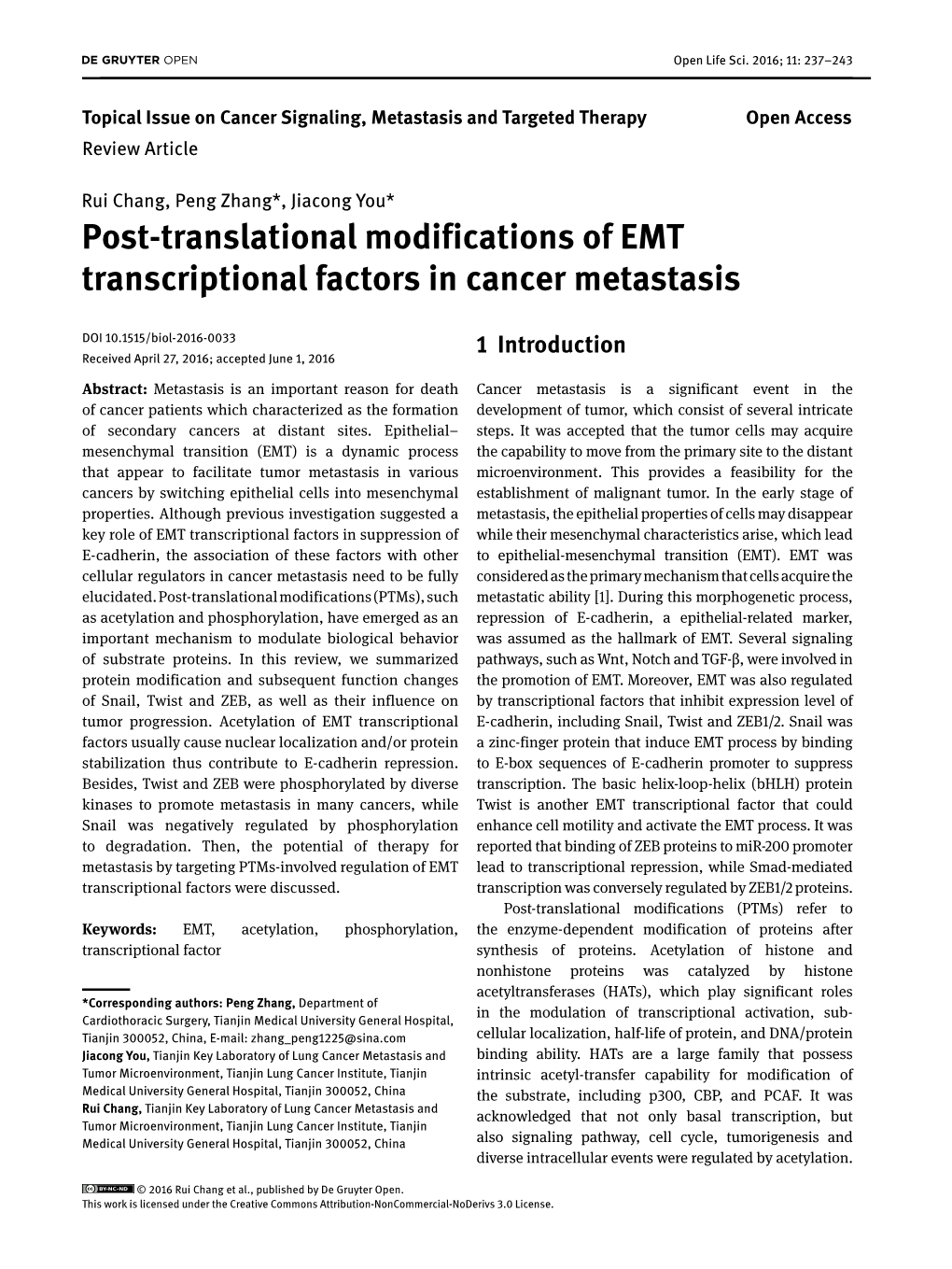 Post-Translational Modifications of EMT Transcriptional Factors in Cancer Metastasis