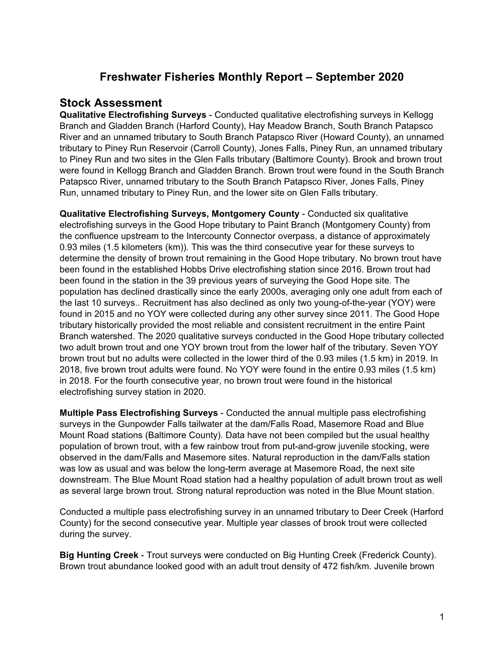 Freshwater Fisheries Monthly Report – September 2020 Stock Assessment