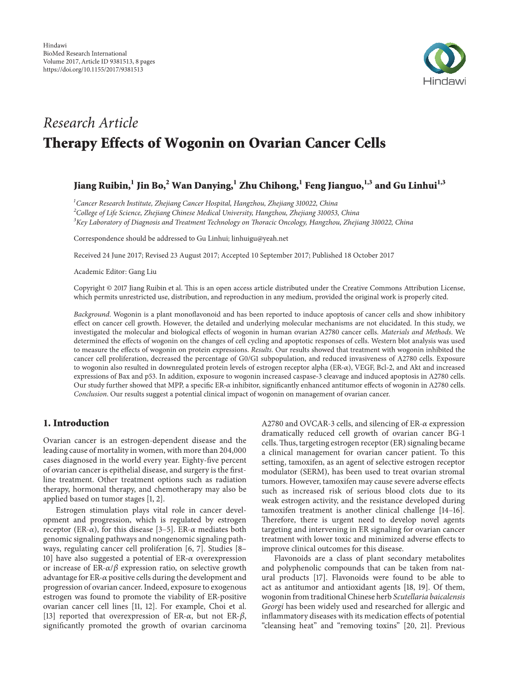 Therapy Effects of Wogonin on Ovarian Cancer Cells