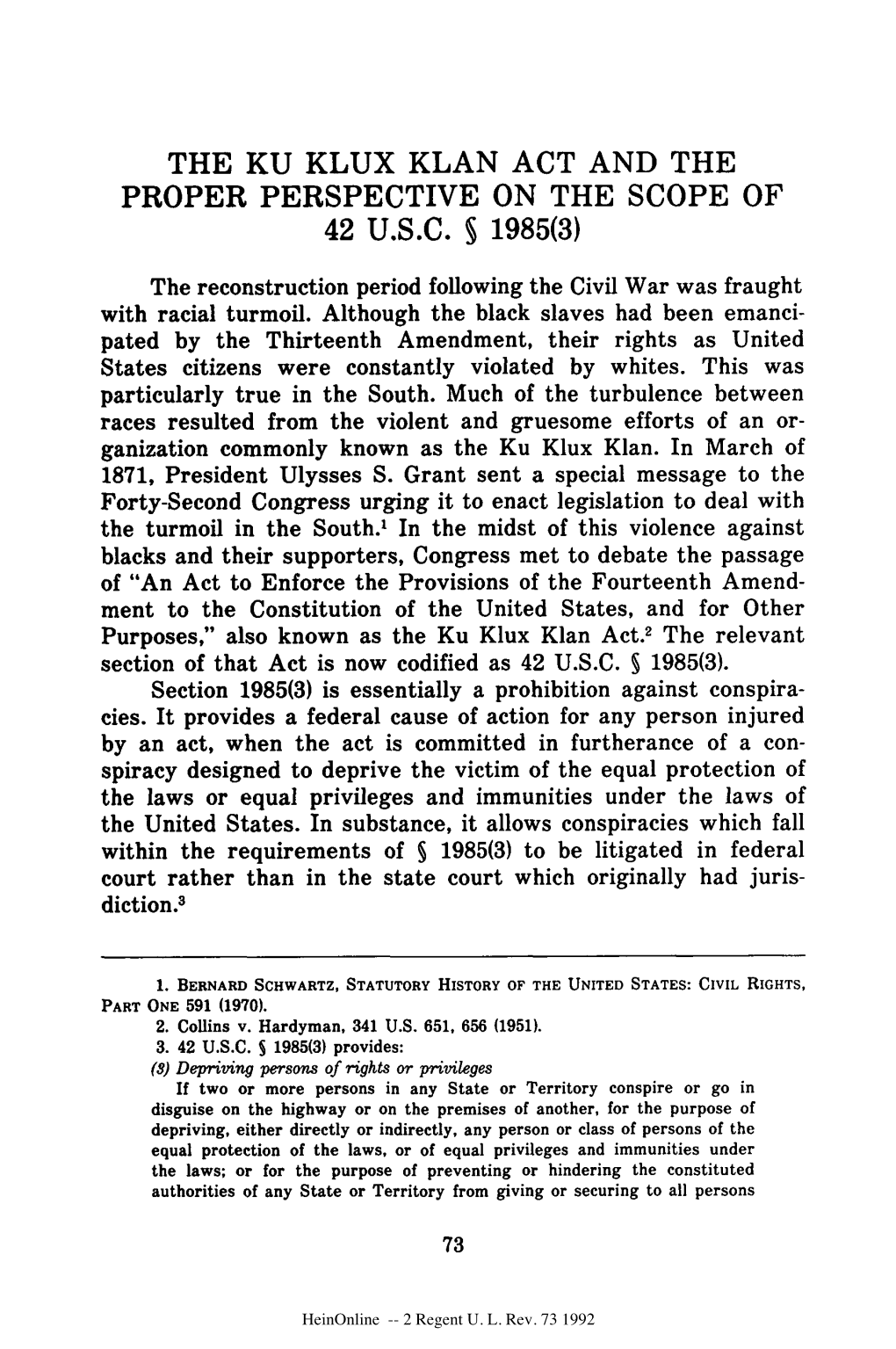 The Ku Klux Klan Act and the Proper Perspective on the Scope of 42 U.S.C