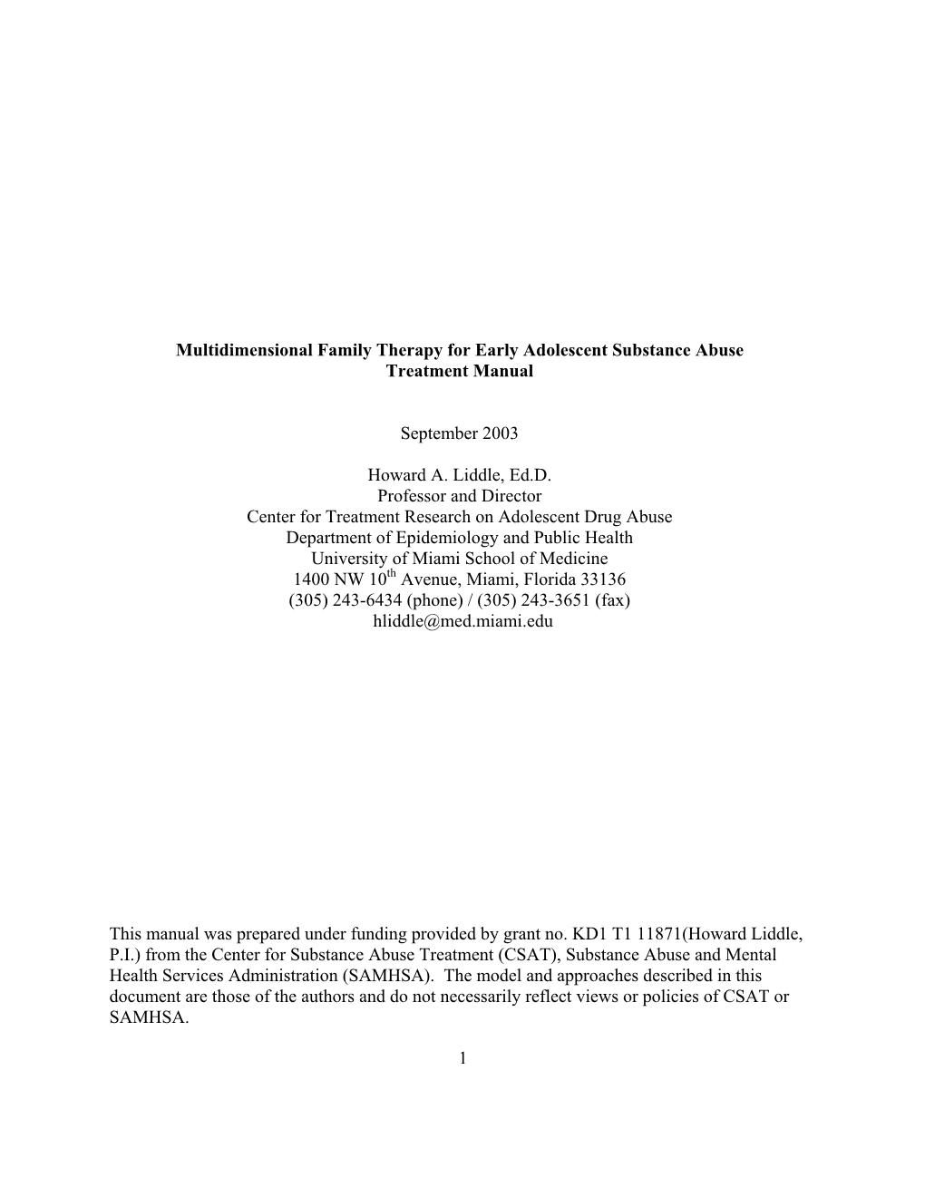 Multidimensional Family Therapy for Early Adolescent Substance Abuse Treatment Manual