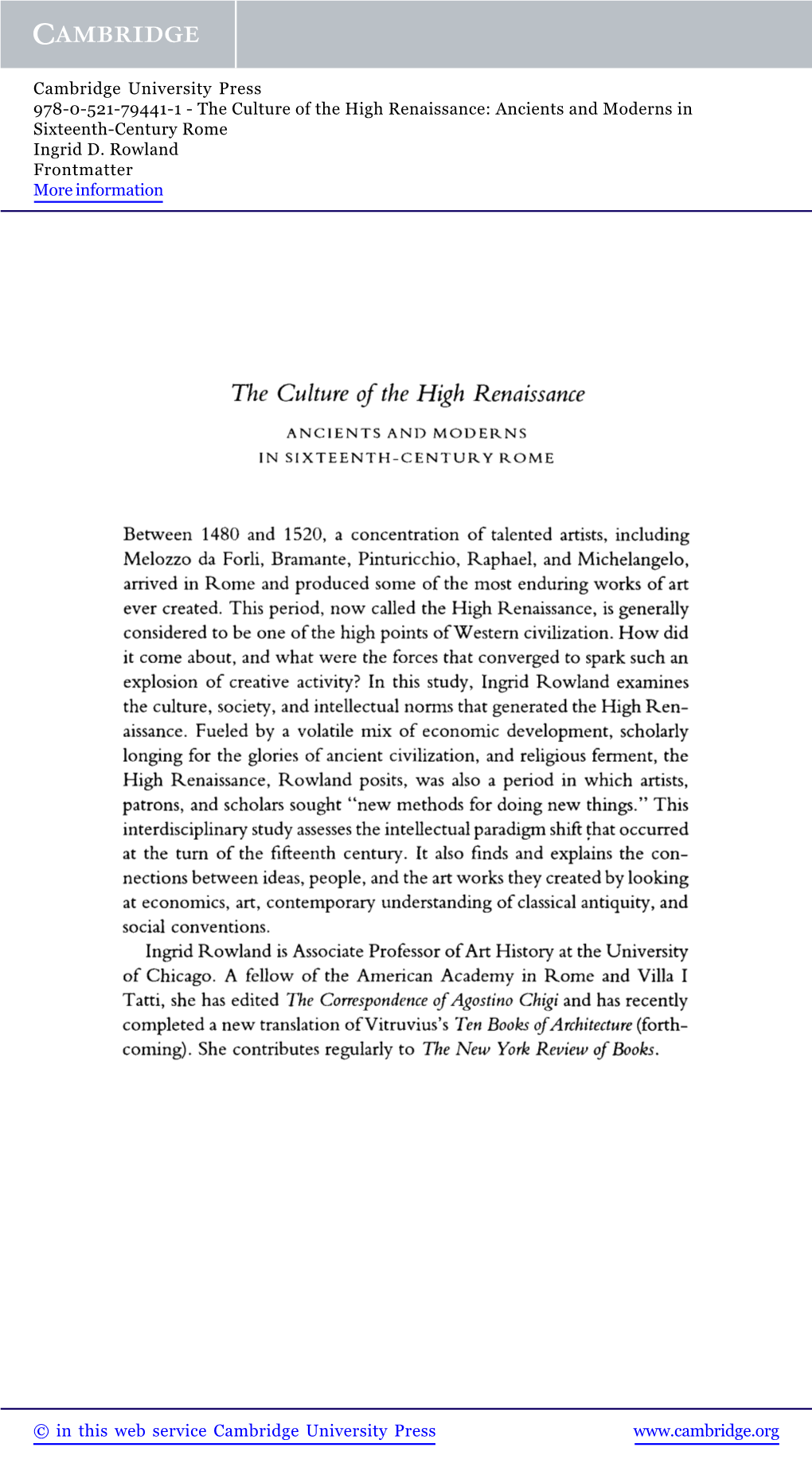 The Culture of the High Renaissance: Ancients and Moderns in Sixteenth-Century Rome Ingrid D