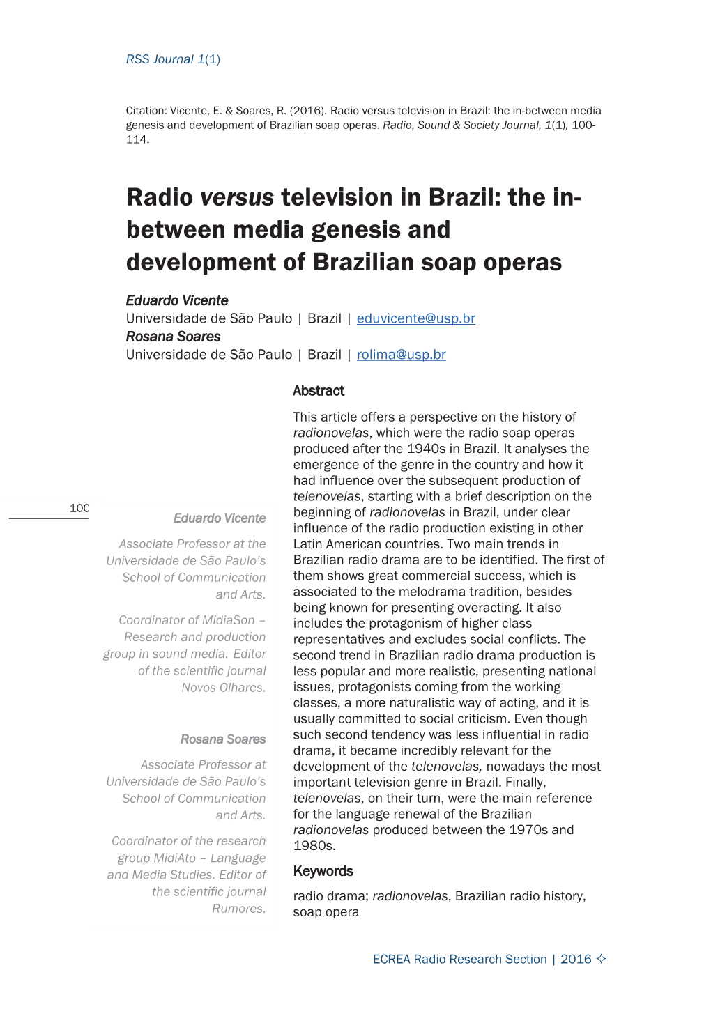 Radio Versus Television in Brazil: the In-Between Media Genesis and Development of Brazilian Soap Operas