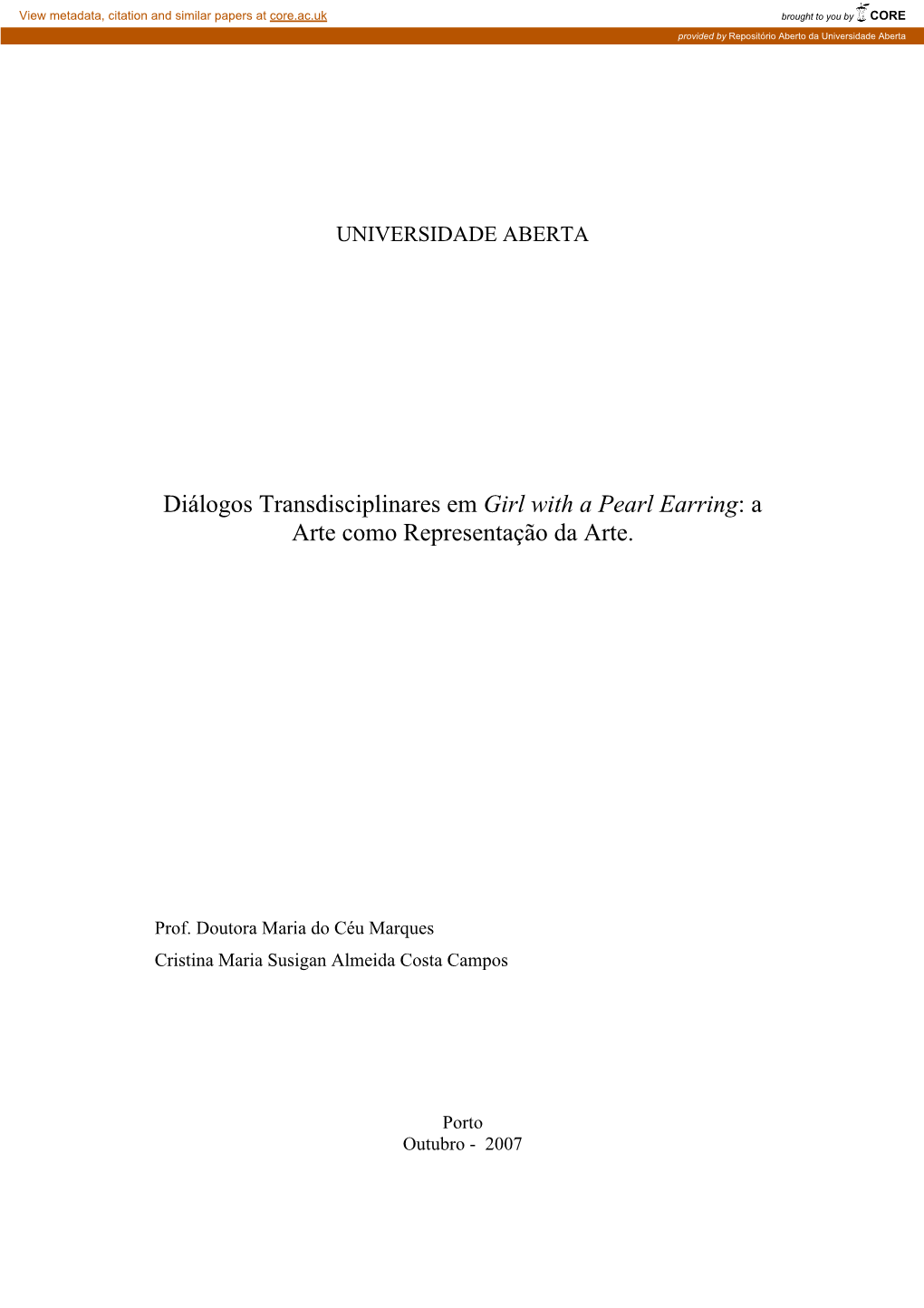 Diálogos Transdisciplinares Em Girl with a Pearl Earring: a Arte Como Representação Da Arte