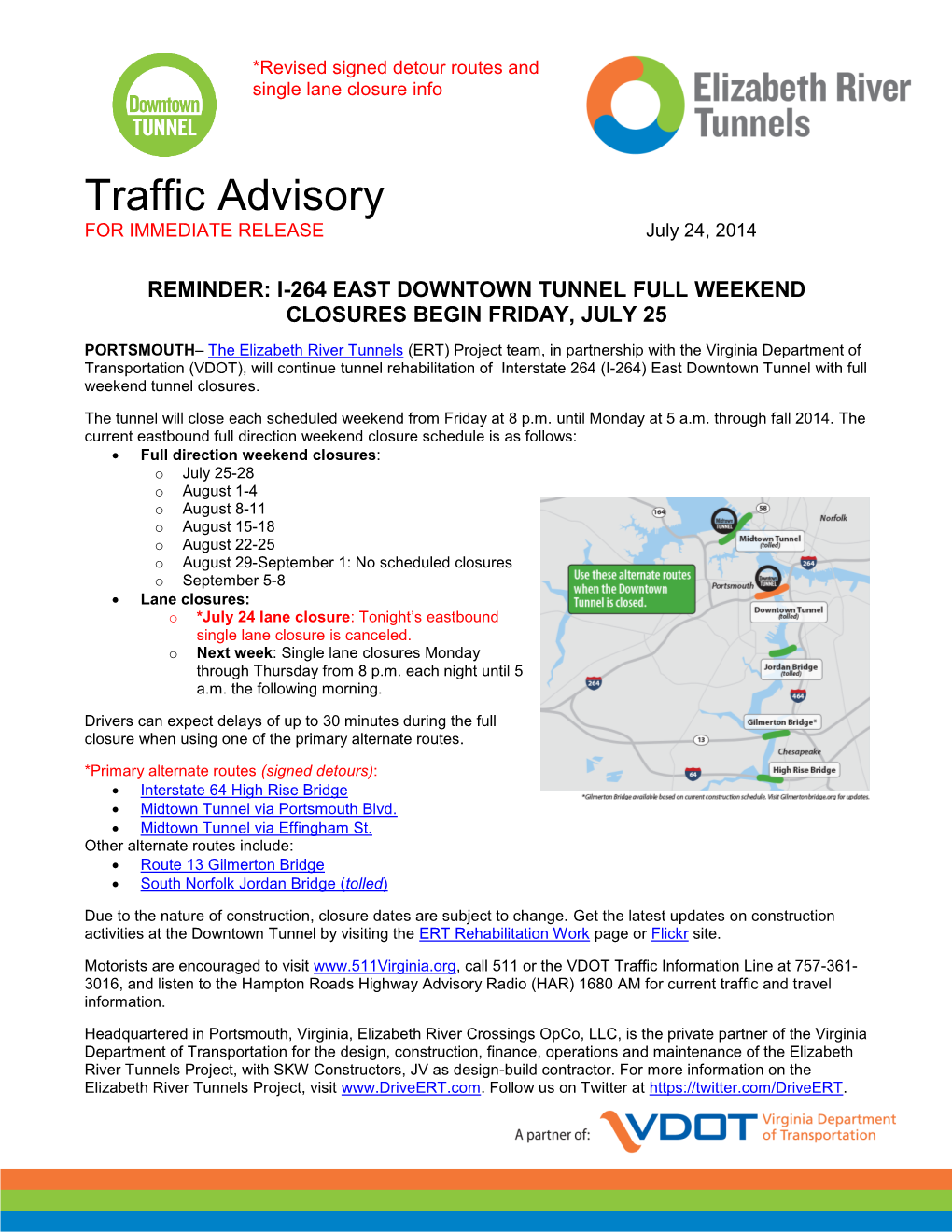 I-264 WEST Downtown Tunnel Closure Schedule