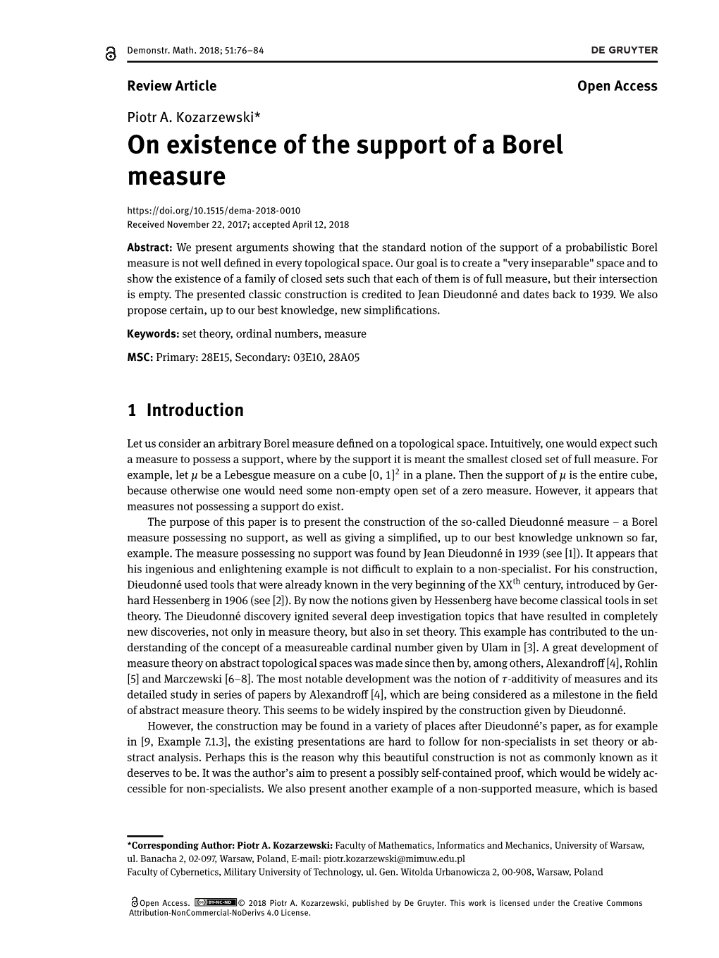 On Existence of the Support of a Borel Measure Received November 22, 2017; Accepted April 12, 2018