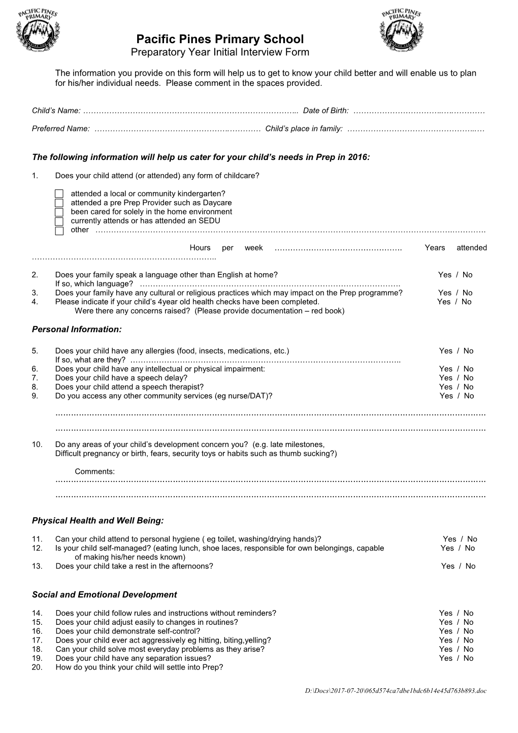 Prep Initial Interview Form 2016