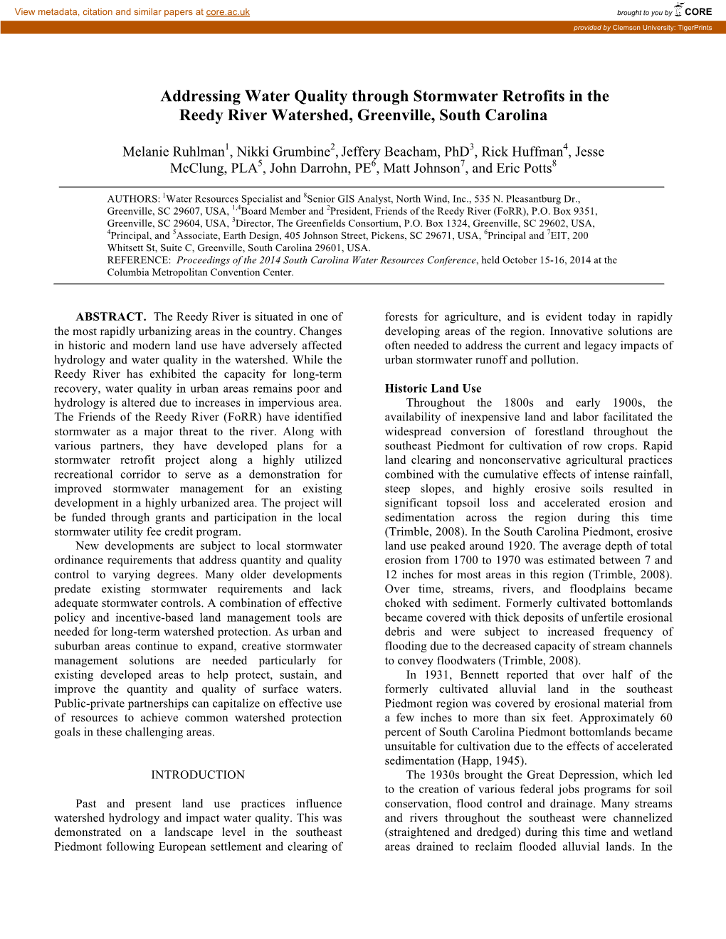 Addressing Water Quality Through Stormwater Retrofits in the Reedy River Watershed, Greenville, South Carolina