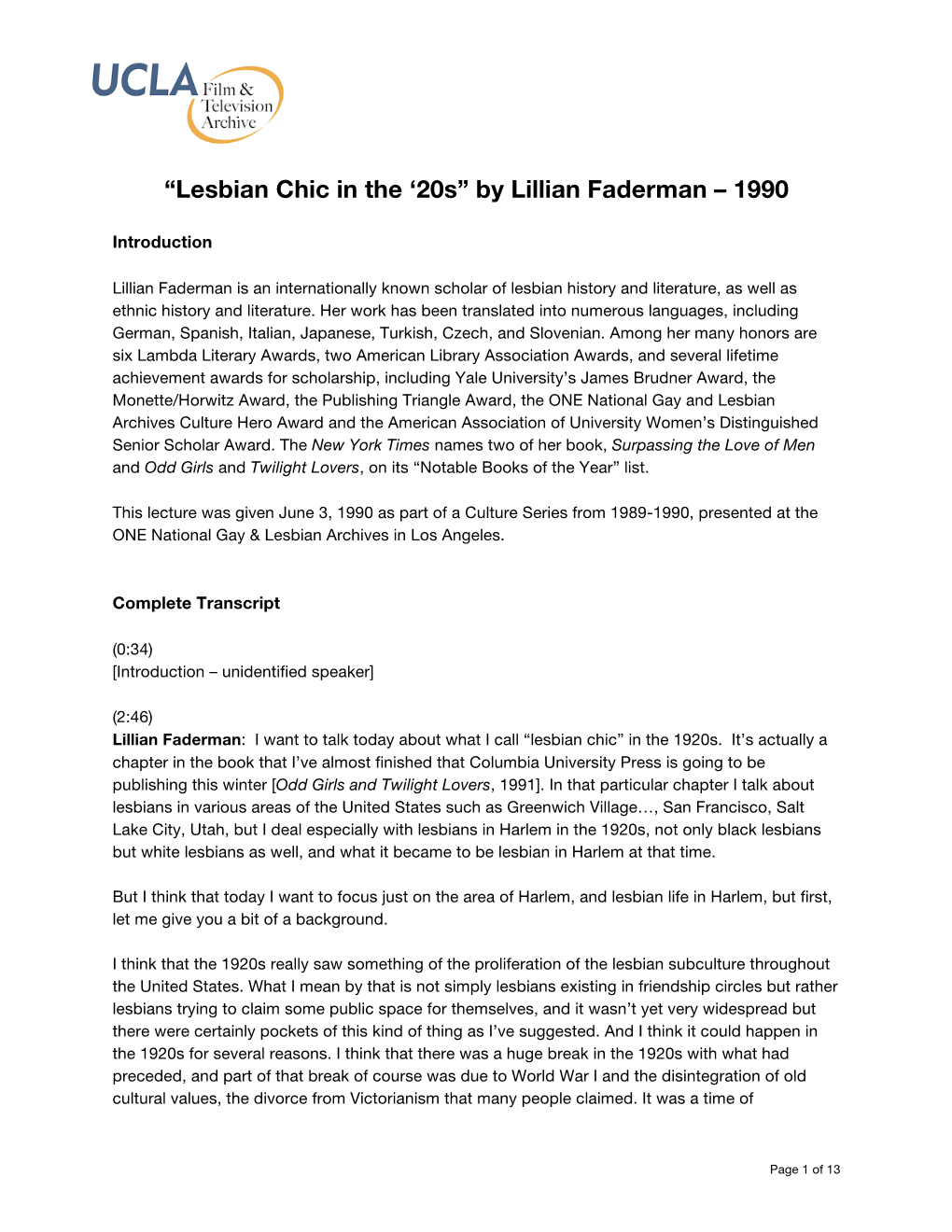 “Lesbian Chic in the '20S” by Lillian Faderman – 1990