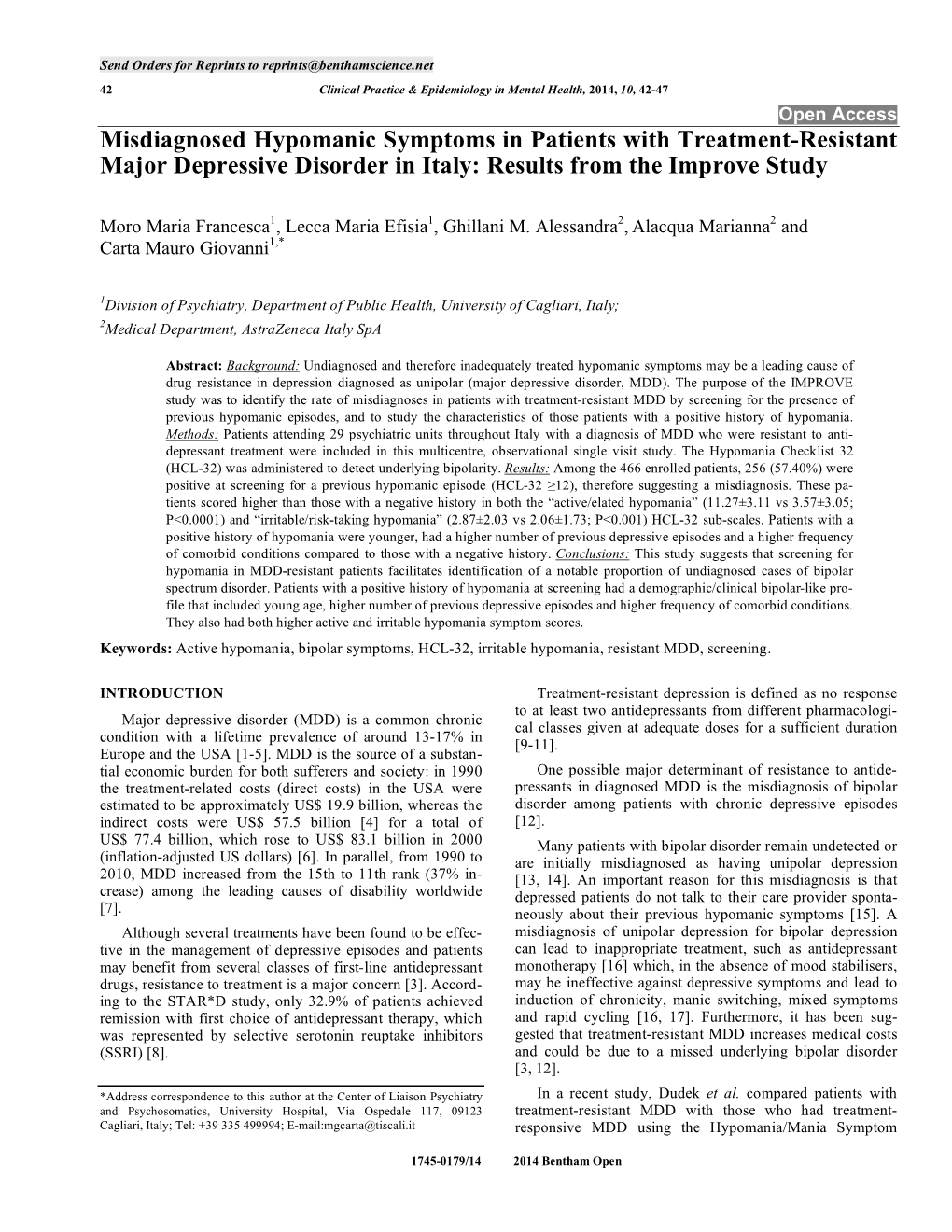 Misdiagnosed Hypomanic Symptoms in Patients with Treatment-Resistant Major Depressive Disorder in Italy: Results from the Improve Study