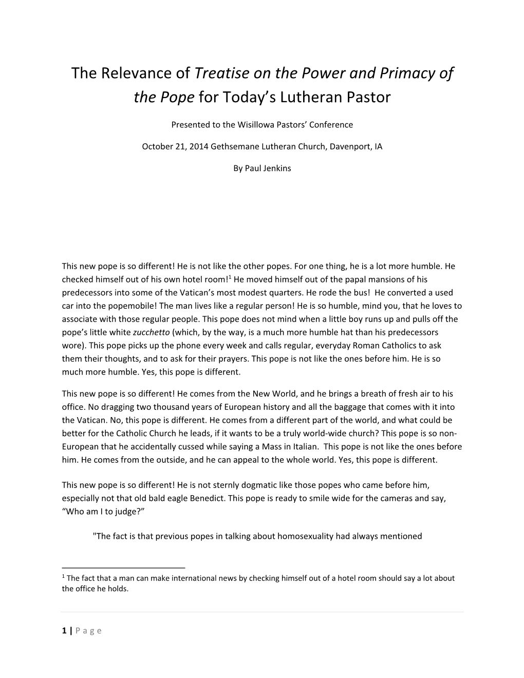 The Relevance of Treatise on the Power and Primacy of the Pope for Today’S Lutheran Pastor