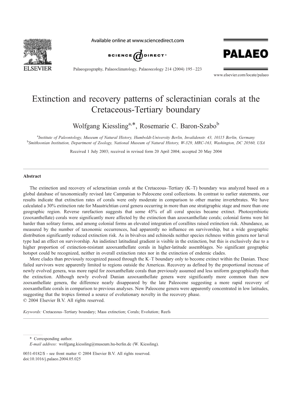 Extinction and Recovery Patterns of Scleractinian Corals at the Cretaceous-Tertiary Boundary