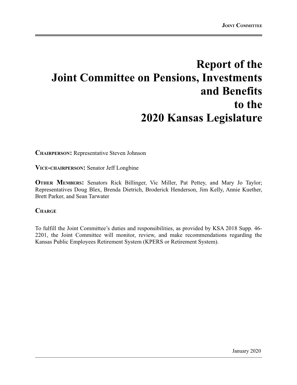 Report of the Joint Committee on Pensions, Investments, And