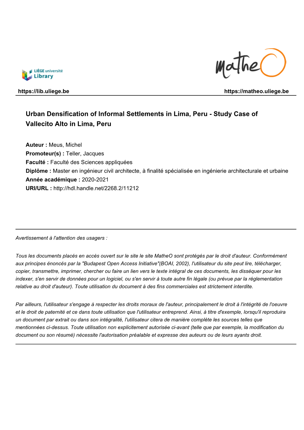 Urban Densification of Informal Settlements in Lima, Peru - Study Case of Vallecito Alto in Lima, Peru