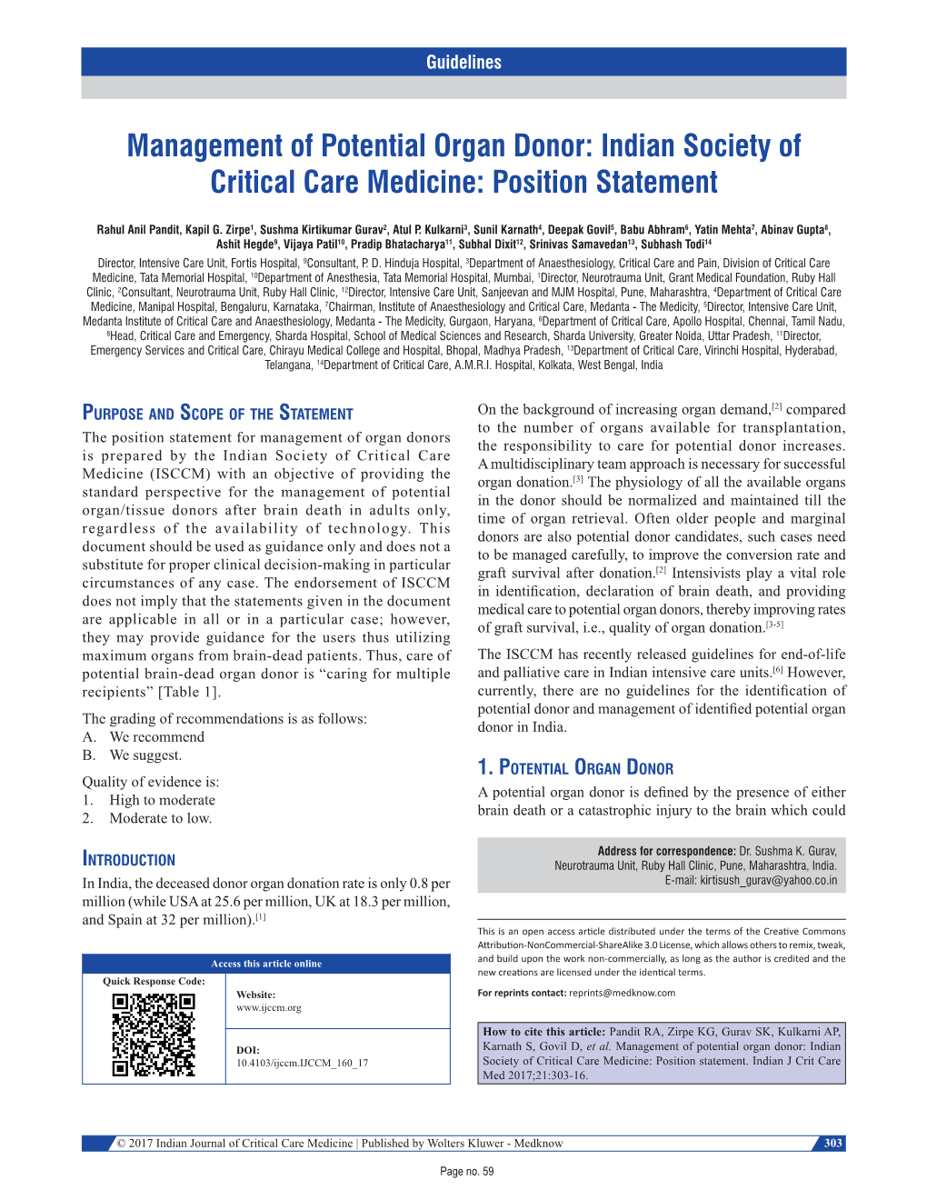 Management of Potential Organ Donor: Indian Society of Critical Care Medicine: Position Statement