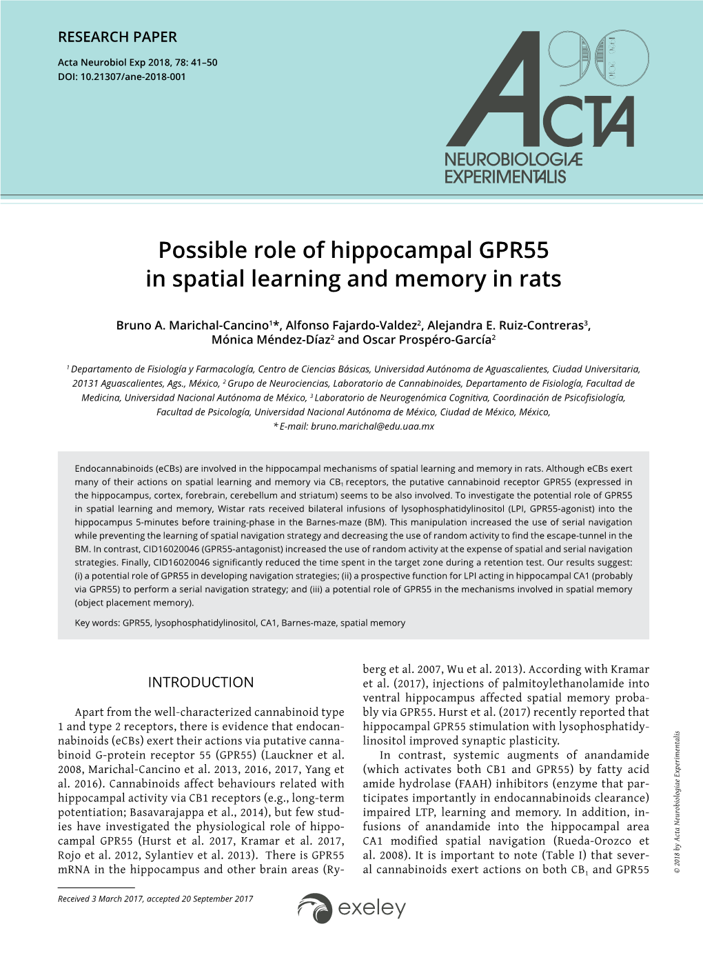 Possible Role of Hippocampal GPR55 in Spatial Learning and Memory in Rats