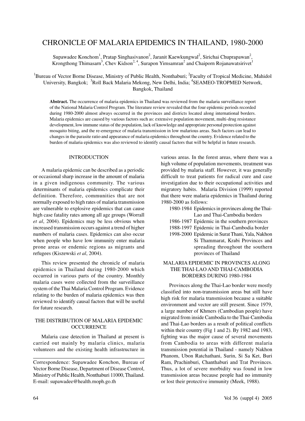 Chronicle of Malaria Epidemics in Thailand, 1980-2000