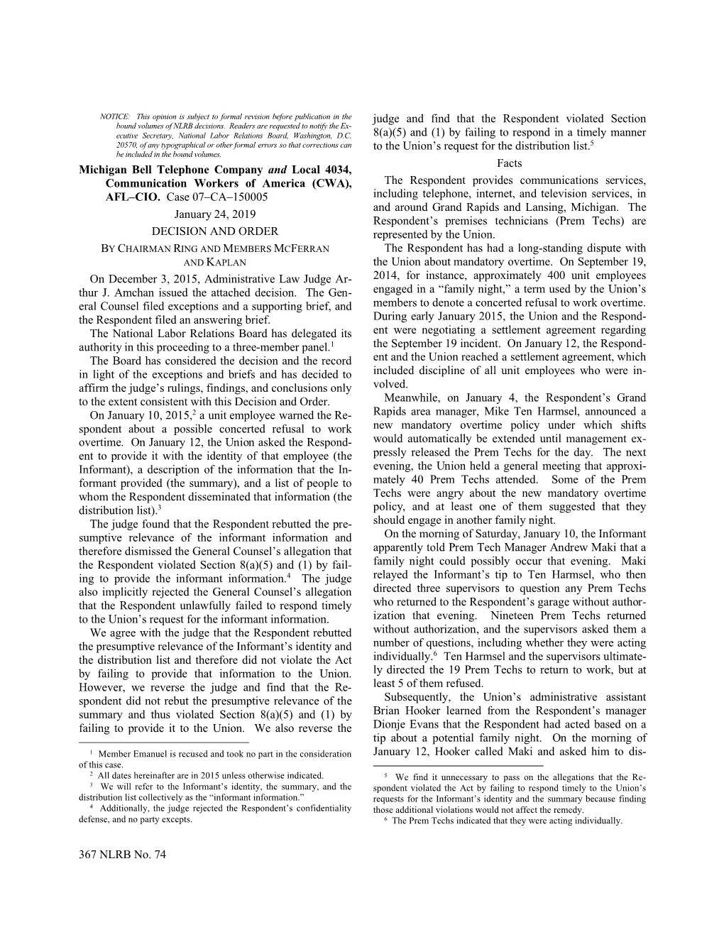 367 NLRB No. 74 Michigan Bell Telephone Company and Local
